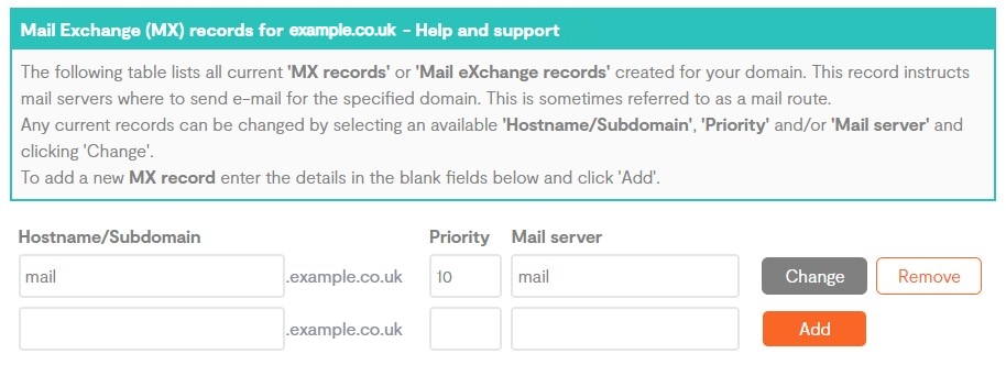 Hostname, Priority and Mail server text fields for an Domain MX record in the Home Portal