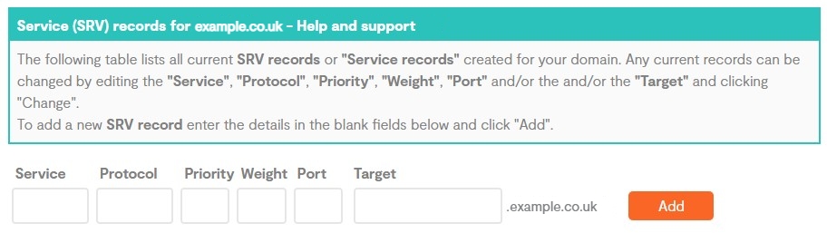 Various text fields for an Domain SRV record in the Home Portal