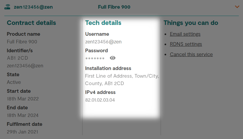 Service details with the section for Tech Details highlighted