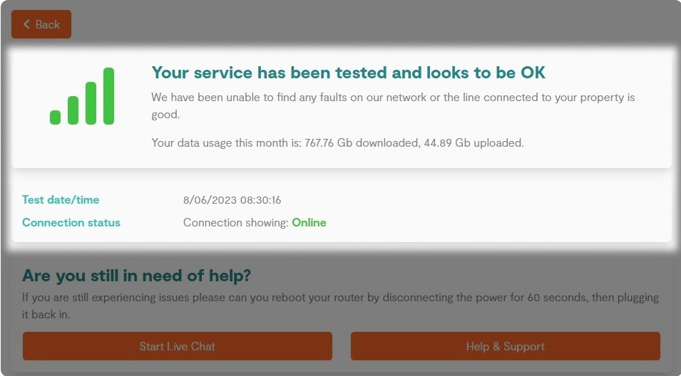 highlighted test result with a Red, Amber, Green status and connection details