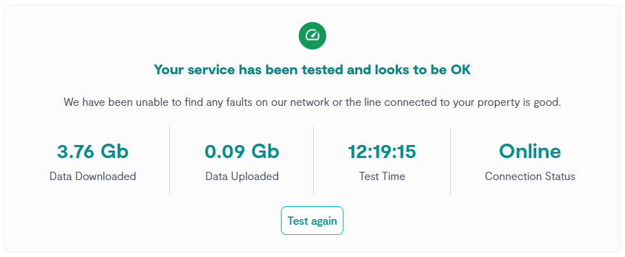 highlighted test result with a Red, Amber, Green status and connection details