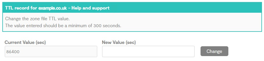 Current and new value text fields for an Domain TTL record in the Home Portal