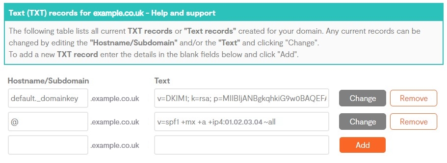 Hostname and Text fields for an Domain TXT record in the Home Portal