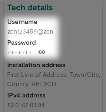 Technical Details section with a Username and Password highlighted