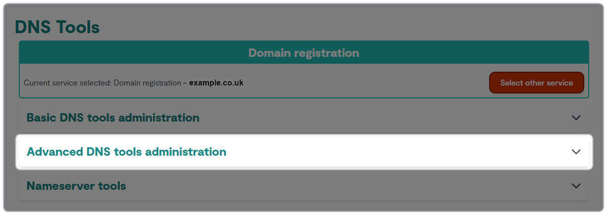 three options for DNS tools with advanced tools highlighted