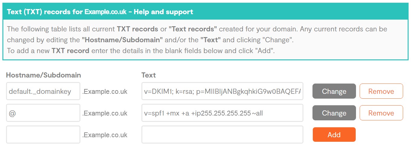 Portal interface showing hostname and text for TXT records