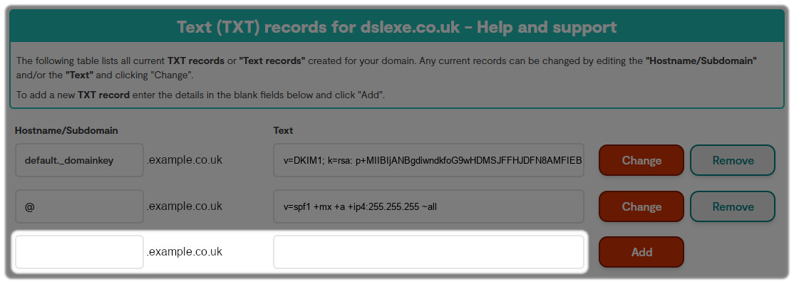 Portal interface showing hostname and text for TXT records