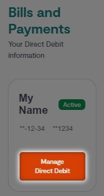 bills and payments menu with the option for manage direct debit details highlighted