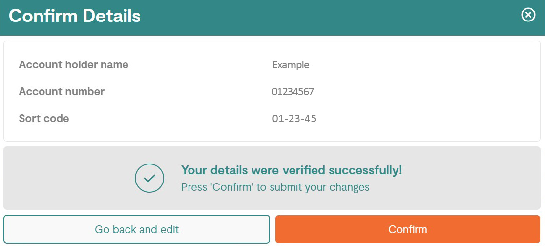 Portal interface with an orange button to confirm verification of Direct Debit Details