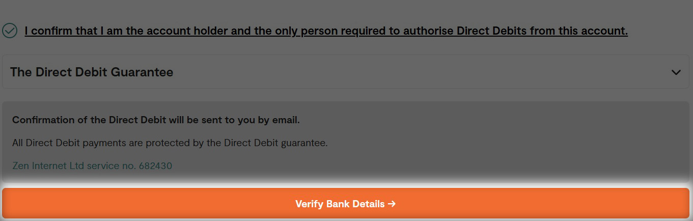 Confirmation step of changing direct debit details with an orange button to verify