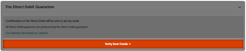 Confirmation step of changing direct debit details with an orange button to verify
