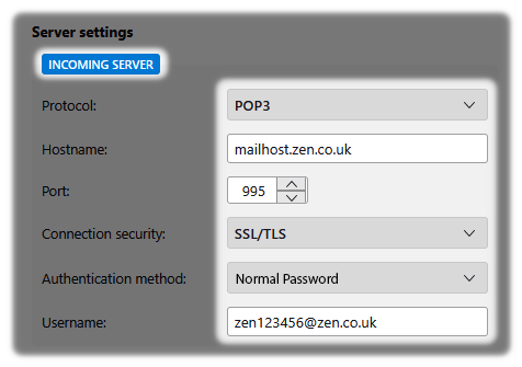 Incoming Server Settings and account type and username for Thunderbird