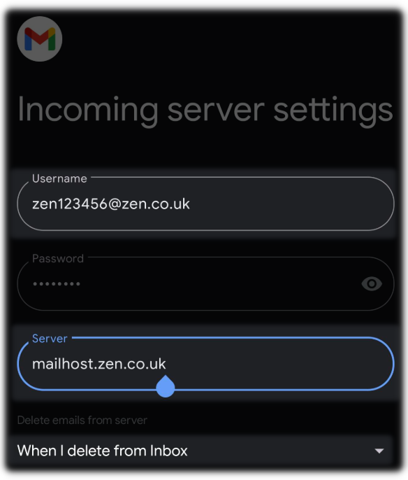 Incoming server settings for Android phone