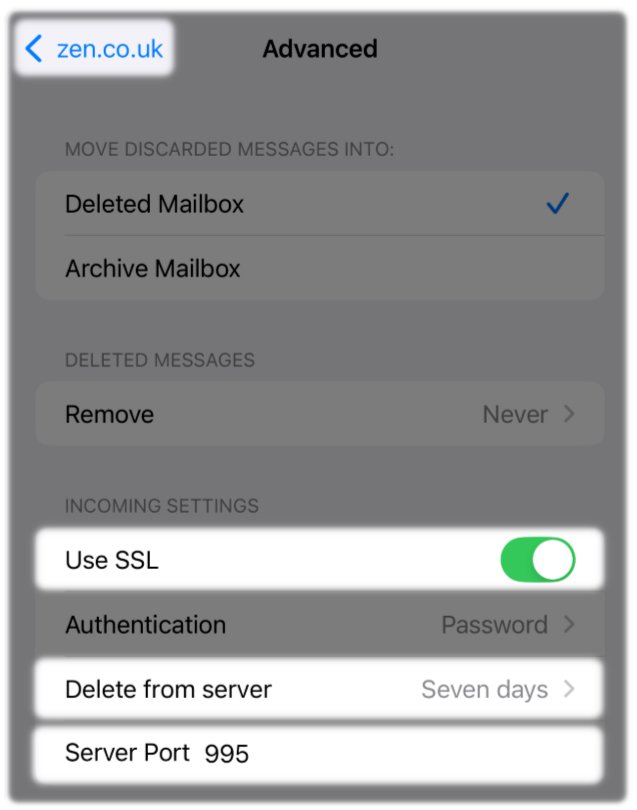Incoming Settings for POP3 email account 
