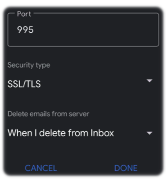 Incoming SSL/TLS and Port 995 for Android
