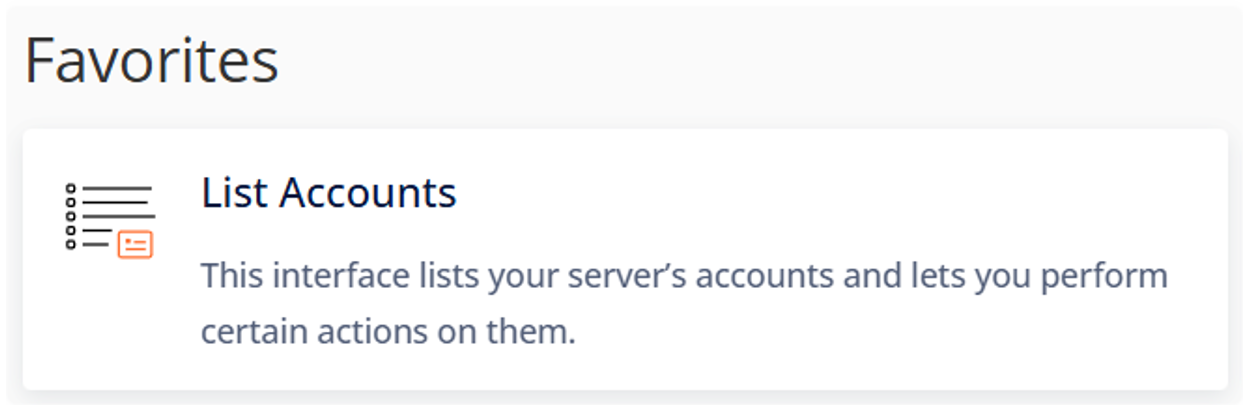 List Accounts within the Favorites section in WHM