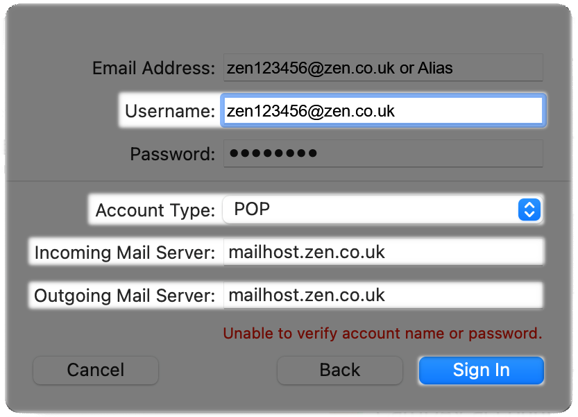 Username and mail server settings for the new email account