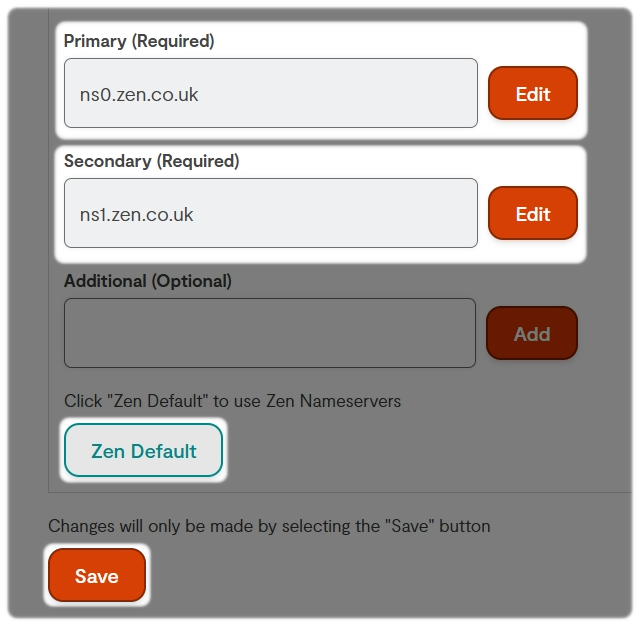Edit the Nameservers to add or use Zen default with the sabe option highlighted