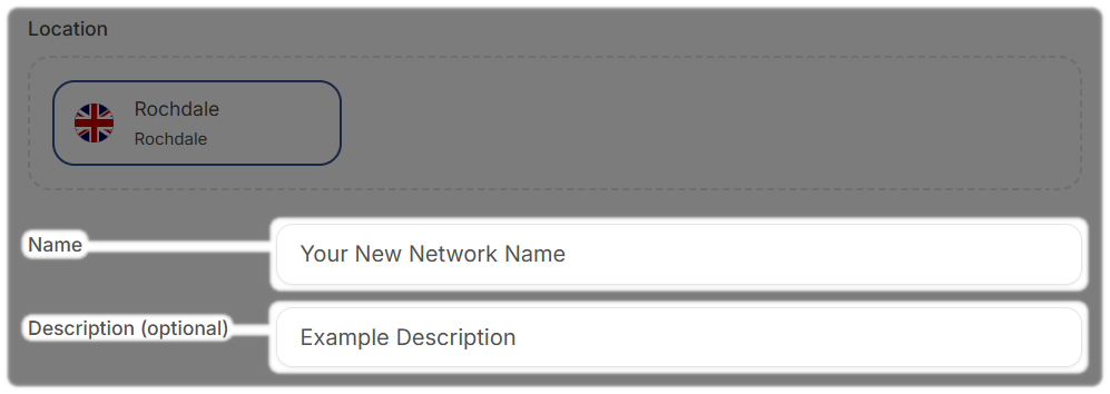 Name and description fields highlighted for your new network