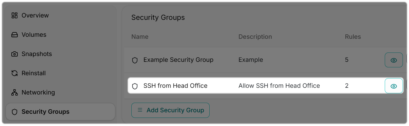 New Security Group Added within the Security Groups list.