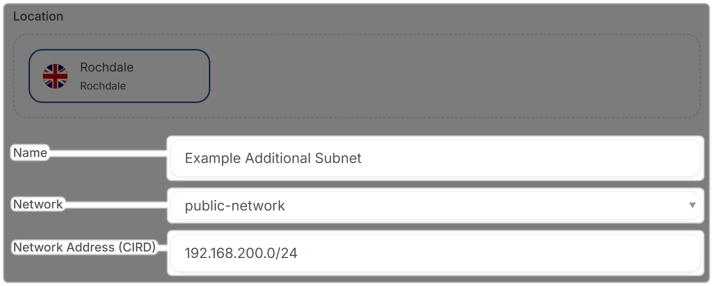 New Subnet showing, Name, Network and Network CIRD Address