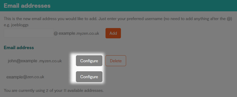 Email Addresses section with the option to configure email highlighted