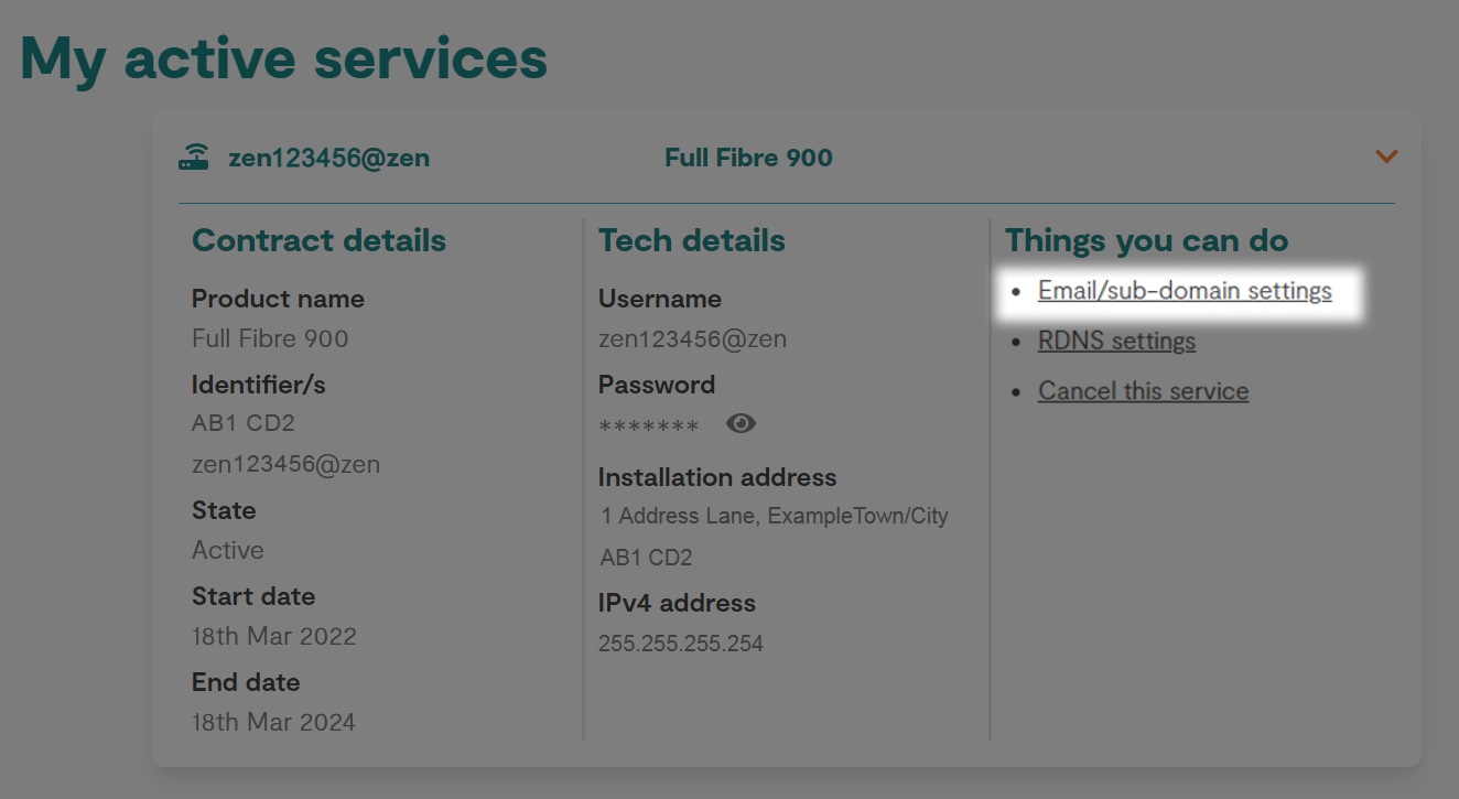 A drop down with service details. the option for Email/sub-domain settings highlighted
