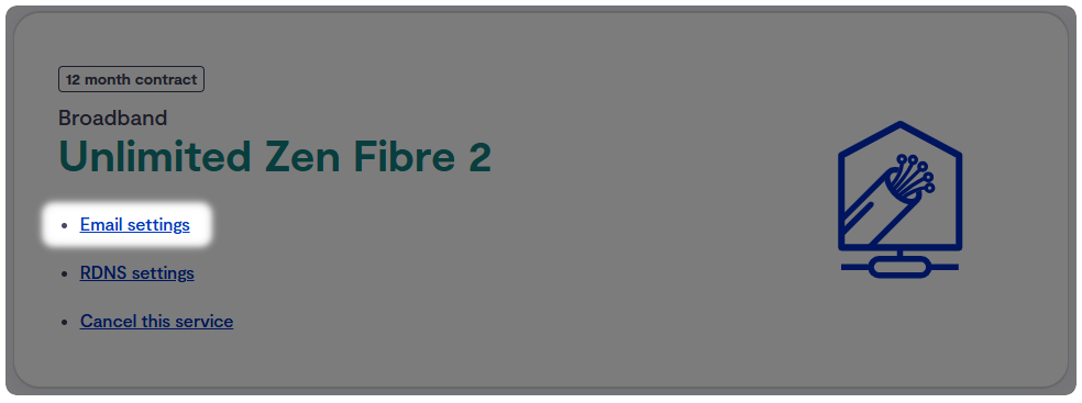 New Portal Email & Sub Domain Settings | Zen Internet A drop down with service details. the option for Email/sub-domain settings highlighted