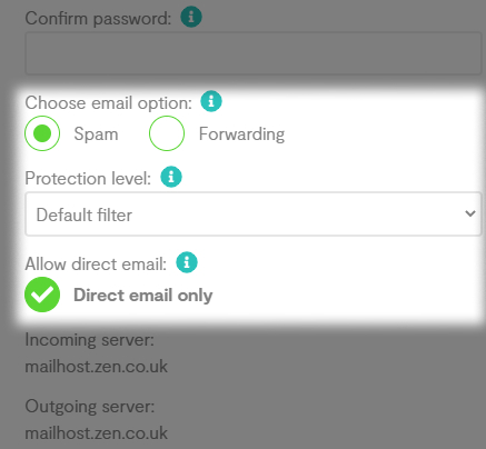 multiple highlighted options to set spam filtering, email forwarding and direct email settings