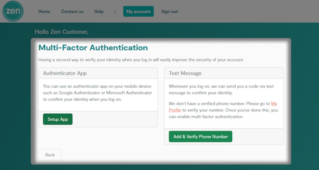 Multi-factor authentication buttons within the Zen portal