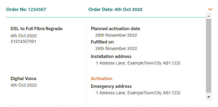 Order details showing address, status and product information of an order