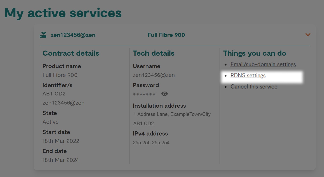 text box displaying details for a service with the option for RDNS settings highlighted