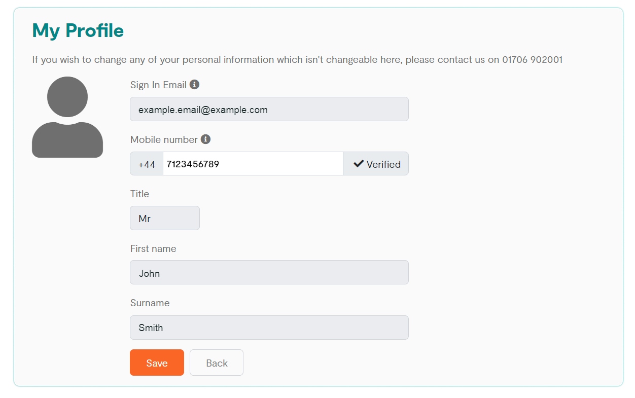 personal detail menu with all optioned greyed out aside mobile number