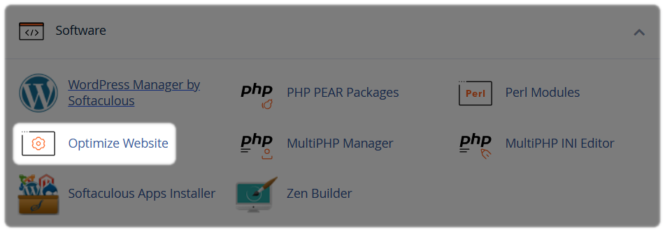 Optimize Website option in cPanel within the Software section