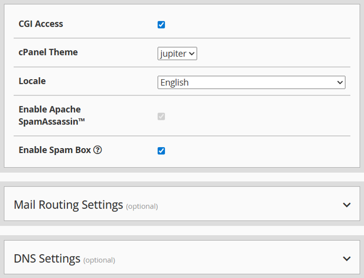 Optional Settings for the new cPanel account