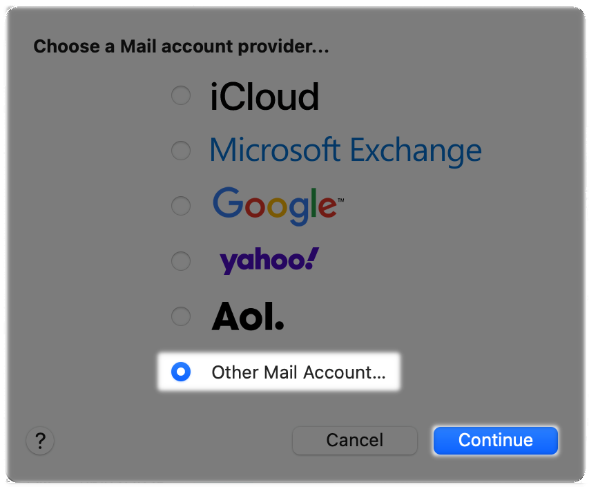 Select Other Mail Account then continue