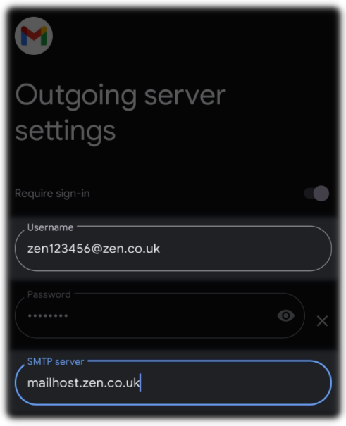 Outgoing server settings for the Android phone 