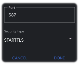 Outgoing server details STARTTLS and Port 587 for Android phone