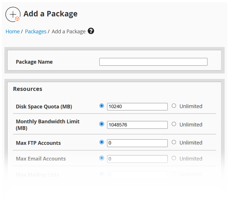 New Package Name with options to set the Resources