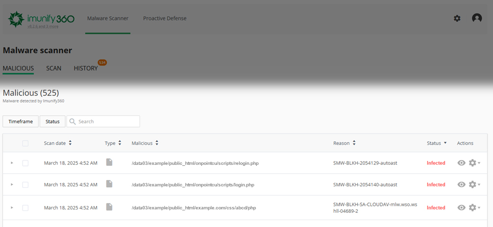 Imunify360 interface with a full malicious table on the malware scanner tab