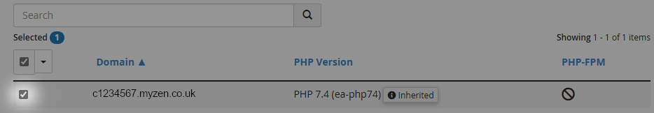 the cPanel PHP management interface with the option for select domain highlighted