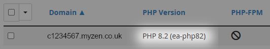 cPanel PHP Management interface with a selected domain showing a PHP version highlighted