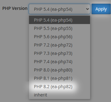 cPanel PHP Management interface with the menu for selecting PHP version highlighted