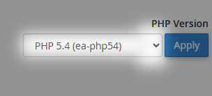 cPanel PHP Management interface with the PHP version drop down menu highlighted