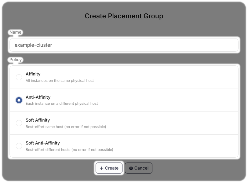 Placement Group Options when creating a placement group then Create highlighted