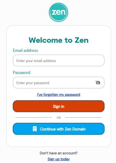 Portal Sign In | Zen Internet Two text boxes, indicating to enter log in details, with an option below to sign up