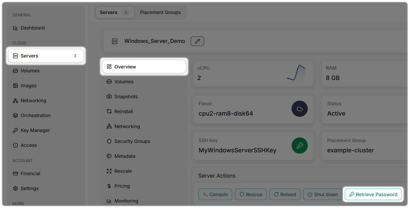 Retrieve Password option in CloudFlex for Windows Servers.