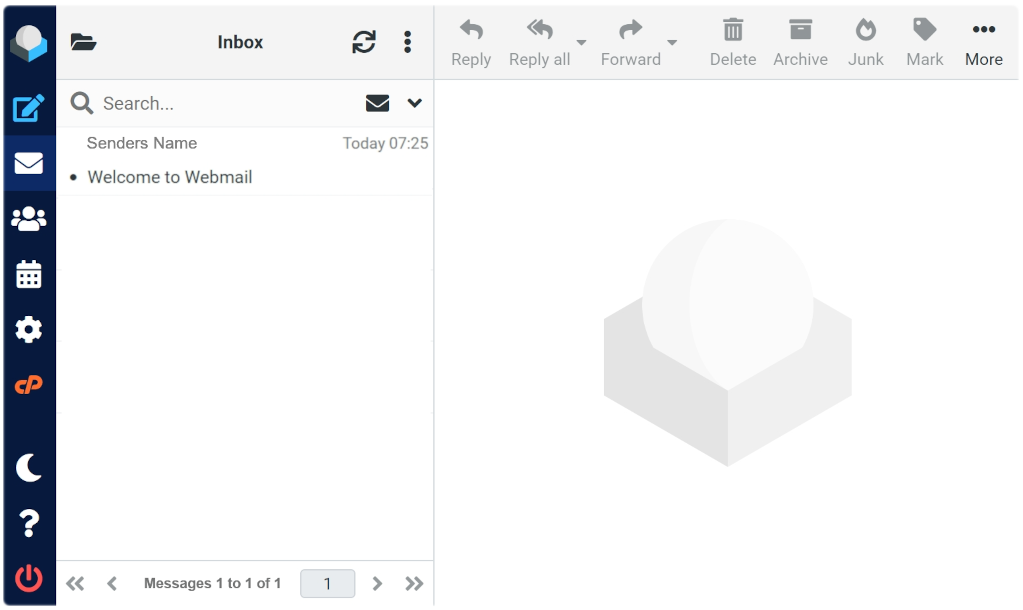 Roundcube Webmail inbox with the menu on the left hand side