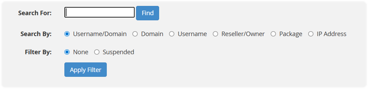 Search For section showing both a search by and filter by filter options then Find