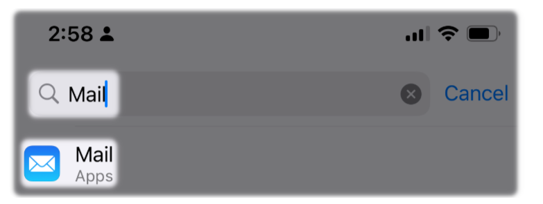 Type Mail which then shows the Mail application beneath, select this.